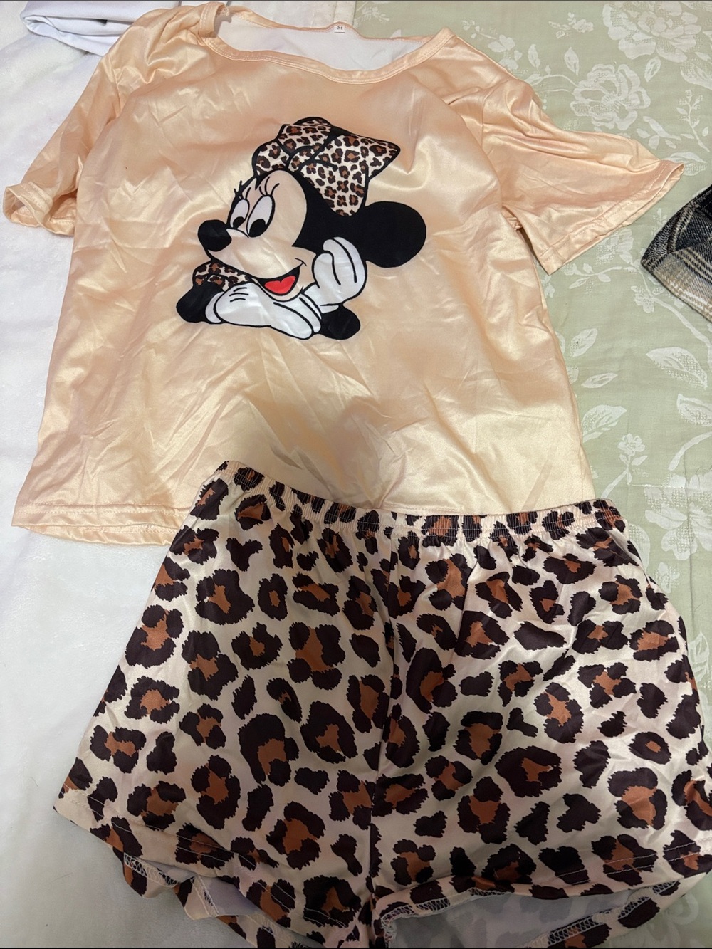 Disney Peach Satin Minnie Mouse Pajama Set with Leopard Print Shorts